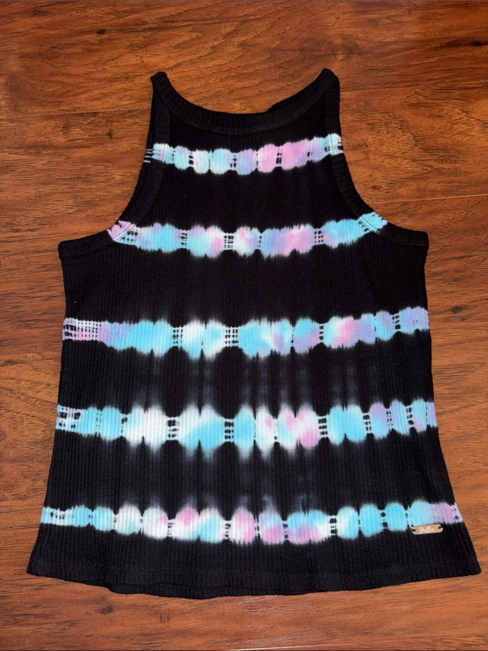 Justice Girls Ribbed Tie-Dye Tank Top - Black with Pastel Blue & Pink Medium